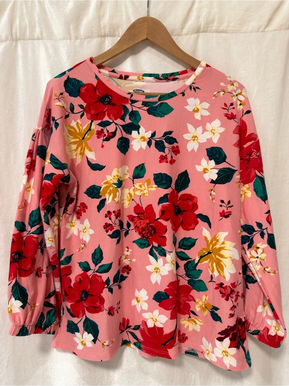 Old Navy Pink Floral Long-Sleeve Tee with Red & Yellow Blooms